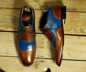 Stylish Handmade Men's Blue Brown Leather Wing Tip Lace Up Shoes, Men Dress Formal Shoes