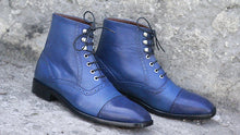 Load image into Gallery viewer, Awesome Handmade Men&#39;s Blue Leather Cap Toe Lace Up Boots, Men Fashion Ankle Boots