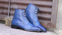 Load image into Gallery viewer, Awesome Handmade Men&#39;s Blue Leather Cap Toe Lace Up Boots, Men Fashion Ankle Boots