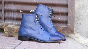 Awesome Handmade Men's Blue Leather Cap Toe Lace Up Boots, Men Fashion Ankle Boots