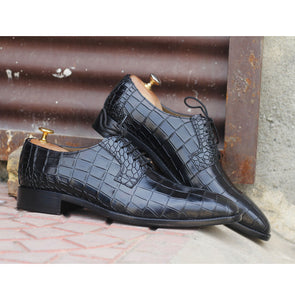 Awesome Handmade Men's Black Alligator Textured Leather Shoes, Men Dress Formal Lace Up Shoes