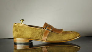 Awesome Handmade Men's Beige & Brown Leather Suede Fringes Loafer Shoes, Men Dress Formal Shoes