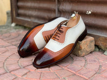 Load image into Gallery viewer, Awesome Handmade Men&#39;s White Brown Leather Brogue Shoes, Men Dress Formal Lace Up Shoes