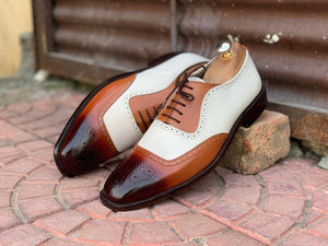 Awesome Handmade Men's White Brown Leather Brogue Shoes, Men Dress Formal Lace Up Shoes