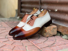 Load image into Gallery viewer, Awesome Handmade Men&#39;s White Brown Leather Brogue Shoes, Men Dress Formal Lace Up Shoes