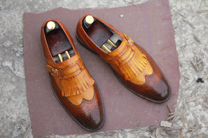 Awesome Handmade Men's Two Tone Tan Brown Leather Wing Tip Brogue Shoes, Men Dress Formal Fringes Monk Strap Shoes