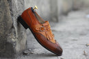 Awesome Handmade Men's Two Tone Tan Brown Leather Wing Tip Brogue Shoes, Men Dress Formal Fringes Monk Strap Shoes