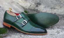 Load image into Gallery viewer, Awesome Men&#39;s Handmade Green Leather Cap Toe Buckle Shoes. Men Dress Formal Fashion Shoes