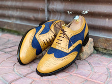 Load image into Gallery viewer, Awesome Handmade Men&#39;s Tan Blue Leather Denim Wing Tip Brogue Shoes, Men Dress Formal Lace Up Shoes