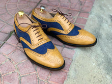 Load image into Gallery viewer, Awesome Handmade Men&#39;s Tan Blue Leather Denim Wing Tip Brogue Shoes, Men Dress Formal Lace Up Shoes