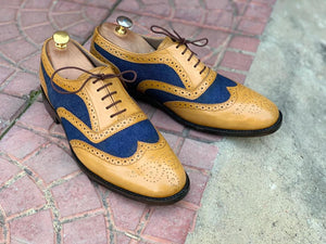 Awesome Handmade Men's Tan Blue Leather Denim Wing Tip Brogue Shoes, Men Dress Formal Lace Up Shoes