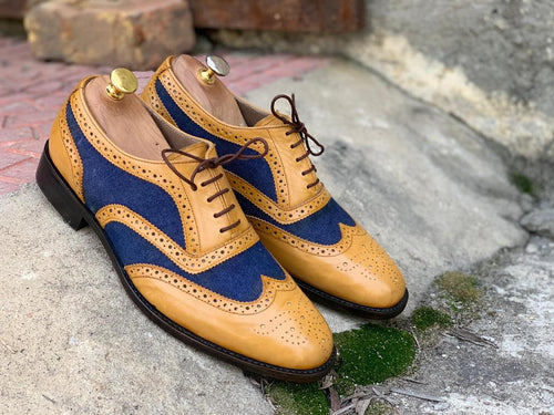 Awesome Handmade Men's Tan Blue Leather Denim Wing Tip Brogue Shoes, Men Dress Formal Lace Up Shoes