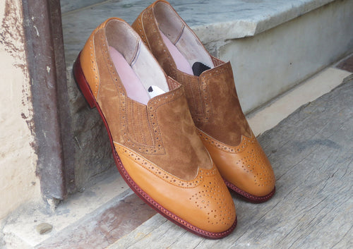 Awesome Handmade Men's Brown Leather & Suede Wing Tip Brogue Shoes, Men Dress Formal Loafer Shoes