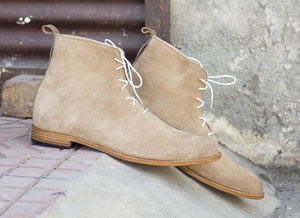 Elegant Handmade Men's Beige Suede Lace Up Boots, Men Casual Fashion Ankle High Boots