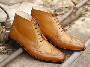 Awesome Men's Handmade Tan Brown Leather Wing Tip Brogue Lace Up Boots, Men Ankle High Fashion Boots