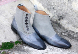 Stylish Men's Handmade Gray Leather Suede Wing Tip Button Boots, Men Fashion Ankle Boots