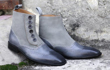Load image into Gallery viewer, Stylish Men&#39;s Handmade Gray Leather Suede Wing Tip Button Boots, Men Fashion Ankle Boots
