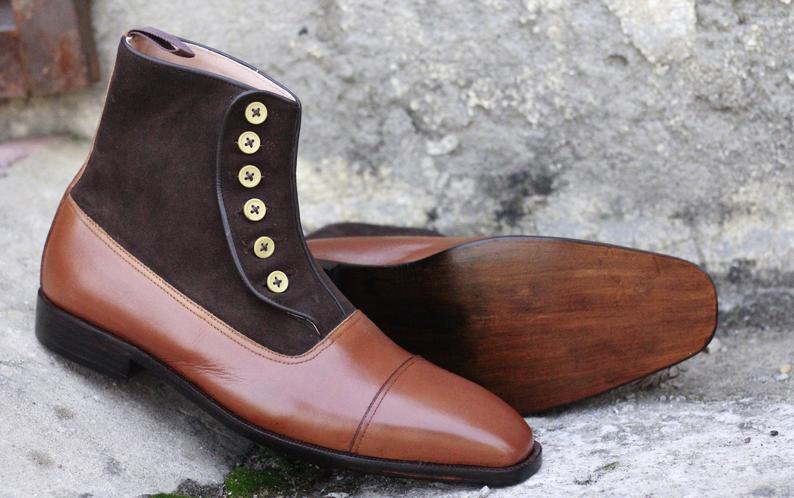 Awesome Handmade Men's Brown Leather Suede Cap Toe Button Boots, Men Ankle Fashion Boots