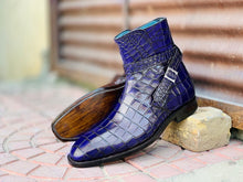 Load image into Gallery viewer, Awesome Handmade Men&#39;s Blue Alligator Textured Leather Jodhpur Boots, Men Fashion Dress Ankle Boots