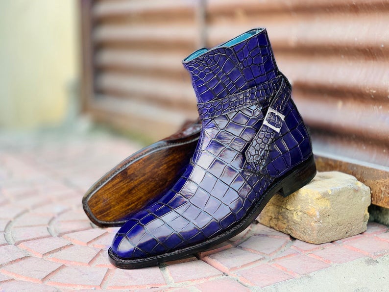 Awesome Handmade Men's Blue Alligator Textured Leather Jodhpur Boots, Men Fashion Dress Ankle Boots
