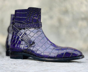 Awesome Handmade Men's Blue Alligator Textured Leather Jodhpur Boots, Men Fashion Dress Ankle Boots
