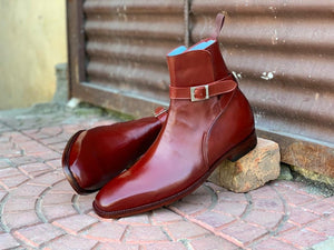 Elegant Handmade Men's Burgundy Leather Jodhpur Strap Boots, Men Ankle Boots, Men Fashion Boots