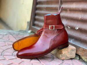 Elegant Handmade Men's Burgundy Leather Jodhpur Strap Boots, Men Ankle Boots, Men Fashion Boots