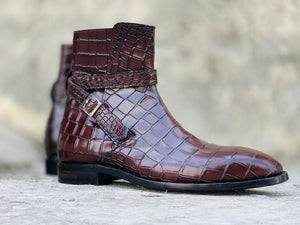 Awesome Handmade Men's Brown Alligator Textured Leather Jodhpur Boots, Men Fashion Dress Ankle Boots