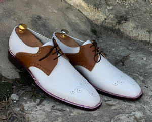 Awesome Handmade Men's Two Tone Brown White Brogue Toe Leather Shoes, Men Lace up Designer Dress Formal Shoes