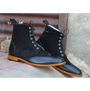 New Handmade Men's Black Leather Suede Wing Tip Boots, Men Fashion Ankle Boots