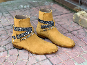 Awesome Handmade Men's Beige Suede jodhpur Madrid Strap Boots, Men Ankle Boots, Men Fashion Boots