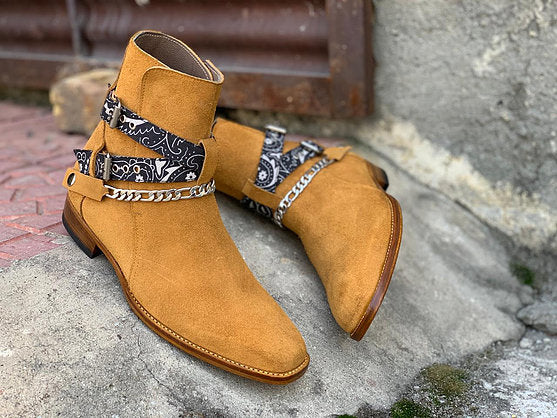 Awesome Handmade Men's Beige Suede jodhpur Madrid Strap Boots, Men Ankle Boots, Men Fashion Boots