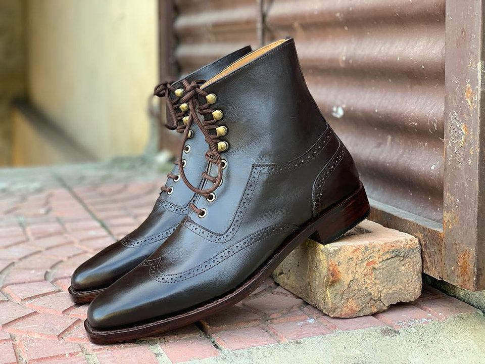 Awesome Handmade Men's Black Leather Wing Tip Lace Up Boots, Men Ankle Boots, Men Fashion Boots
