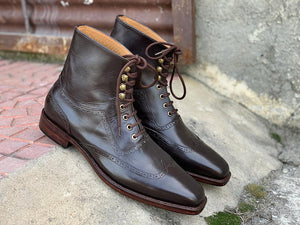 Awesome Handmade Men's Black Leather Wing Tip Lace Up Boots, Men Ankle Boots, Men Fashion Boots