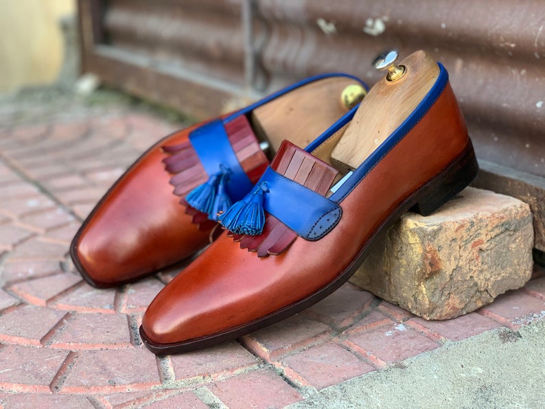 Awesome Handmade Men's Blue & Brown Leather Fringes Loafer Shoes, Men Dress Formal Party Shoes