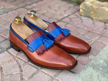 Load image into Gallery viewer, Awesome Handmade Men&#39;s Blue &amp; Brown Leather Fringes Loafer Shoes, Men Dress Formal Party Shoes