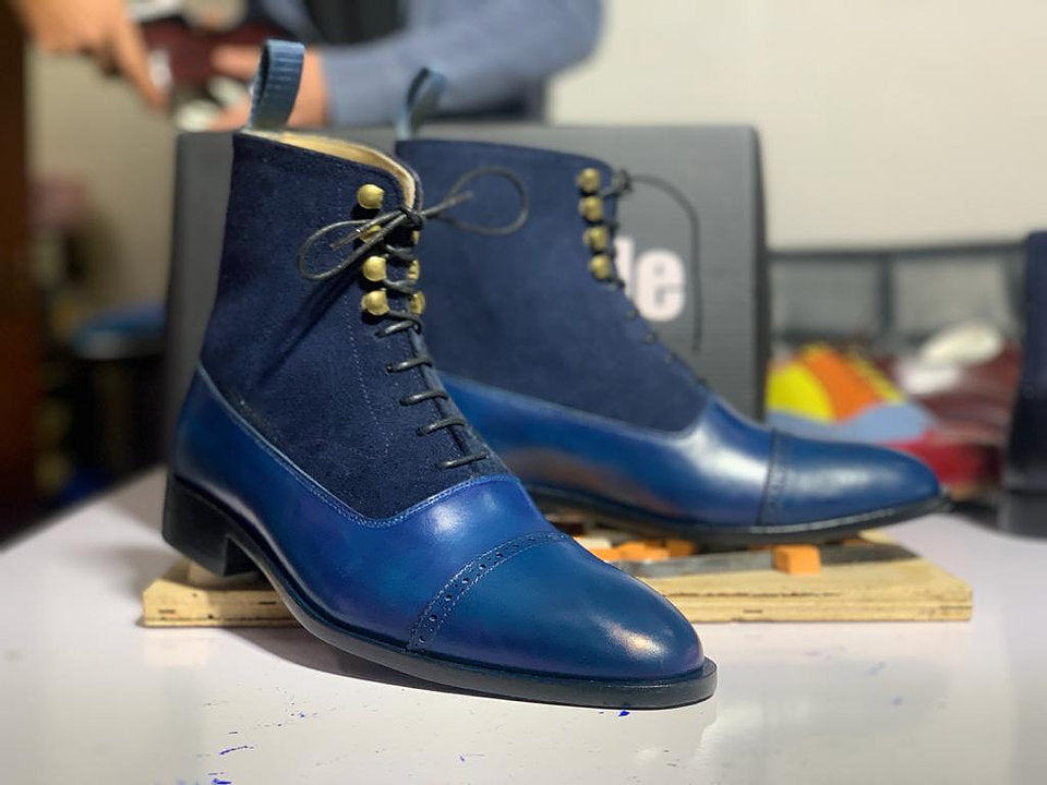 Awesome New Handmade Men's Blue Leather Suede Cap Toe Boots, Mens Fashion Ankle Boots