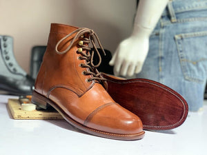 Awesome Handmade Men's Tan Leather Cap Toe Lace Up Boots, Men Fashion Ankle Boots