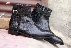 Awesome New Handmade Men's Black Alligator Textured Leather Zipper Boots, Men Fashion Dress Ankle Boots