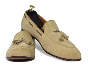Awesome Handmade Men's Beige Suede Round Toe Tassel Loafer Shoes, Men Dress Formal Party Loafers