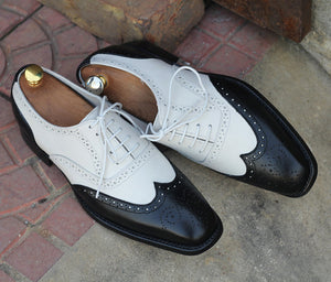 Awesome Handmade Men's Black White Leather Wing Tip Brogue Shoes, Men Dress Formal Lace Up Party Shoes