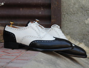 Awesome Handmade Men's Black White Leather Wing Tip Brogue Shoes, Men Dress Formal Lace Up Party Shoes