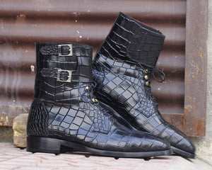 Awesome Handmade Men's Black Alligator Textured Leather Boots, Men Fashion Buckle & Lace Up Ankle Boots