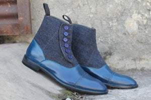 Awesome Handmade Men's Blue Leather Gray Tweed Cap Toe Button Boots, Men Fashion Ankle Boots