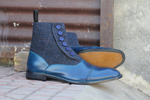 Awesome Handmade Men's Blue Leather Gray Tweed Cap Toe Button Boots, Men Fashion Ankle Boots