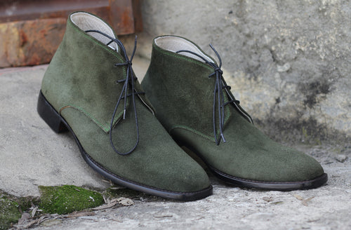 Awesome Handmade Men's Green Suede Lace Up Chuka Boots, Men Fashion Ankle Boots