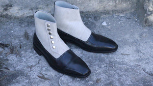 Awesome Handmade Men's Black Leather Fabric Cap Toe Button Boots, Men Fashion Ankle Boots