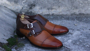 Awesome Handmade Men's Two Tone Brown Leather Cap Toe Buckle Shoes. Men Dress Formal Fashion Shoes