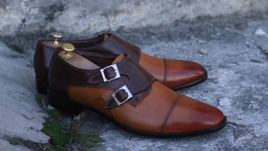 Awesome Handmade Men's Two Tone Brown Leather Cap Toe Buckle Shoes. Men Dress Formal Fashion Shoes