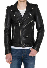 Load image into Gallery viewer, Men&#39;s Motorcycle Genuine Lambskin Leather Jacket, Zipper Black Slim fit Biker Jacket For Men - theleathersouq